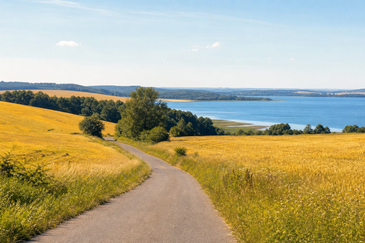 Radweg zwischen gelben Feldern und blauem Gletschersee in Mecklenburg