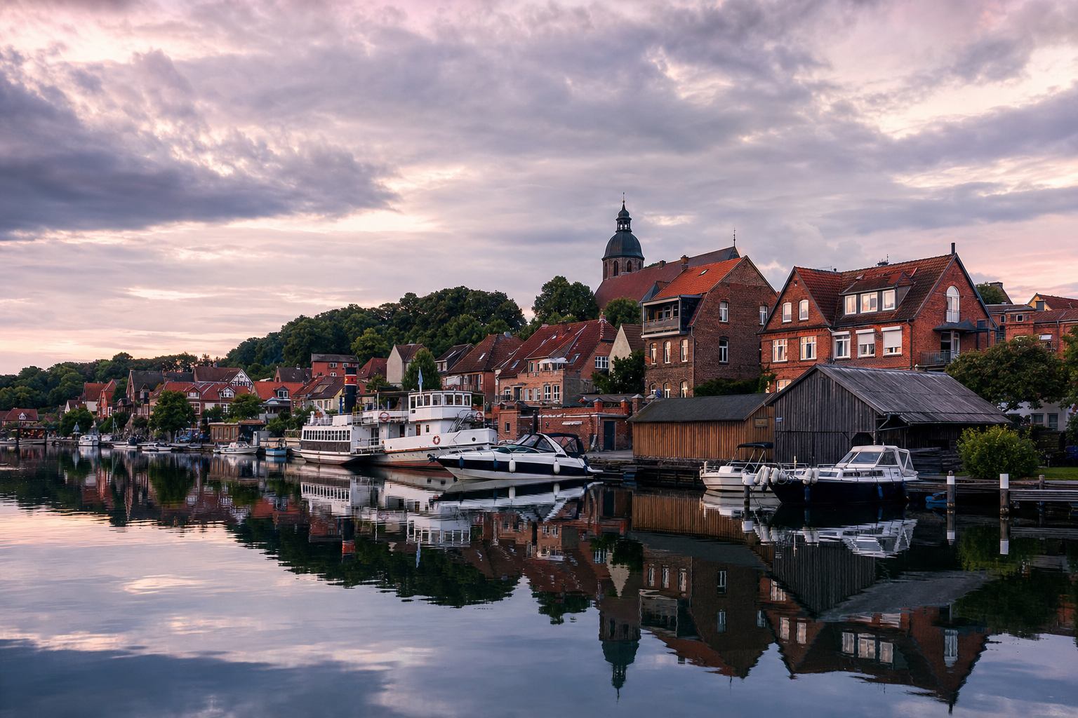 Ruhiger Hafen mit Bootsschuppen und Backsteinhäusern am Gletschersee